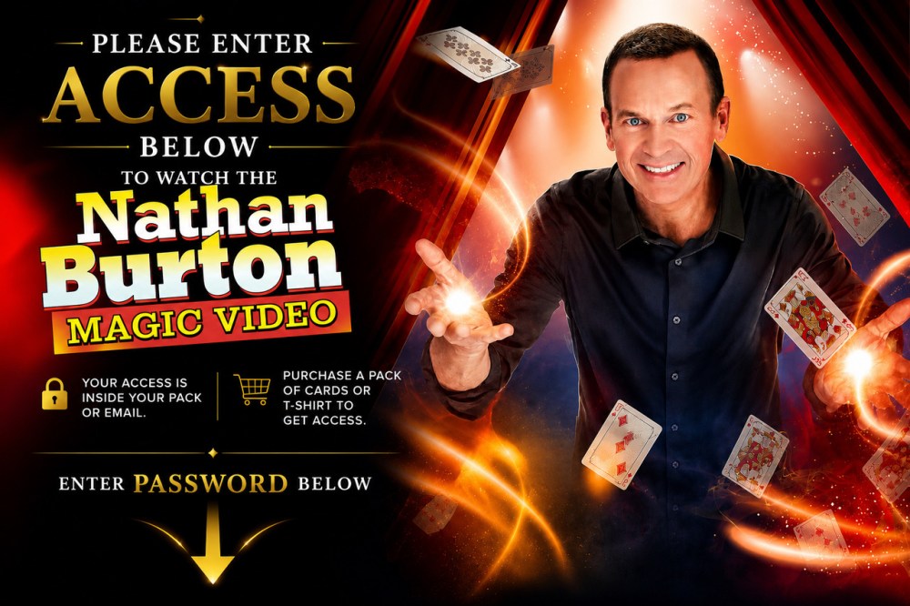 Man performing card trick with floating cards, text about accessing Nathan Burton magic video.